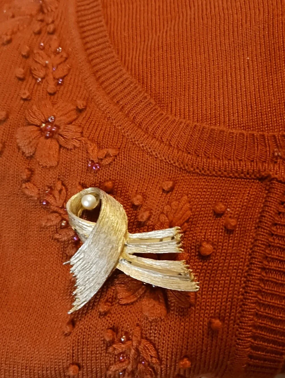 Vintage 1960s Monet Sweater Brooch, Faux Pearl Accent